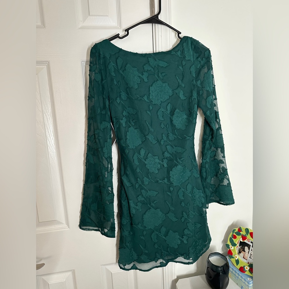 Green floral lace appliqué Princess Polly mini dress with sheer bell sleeves